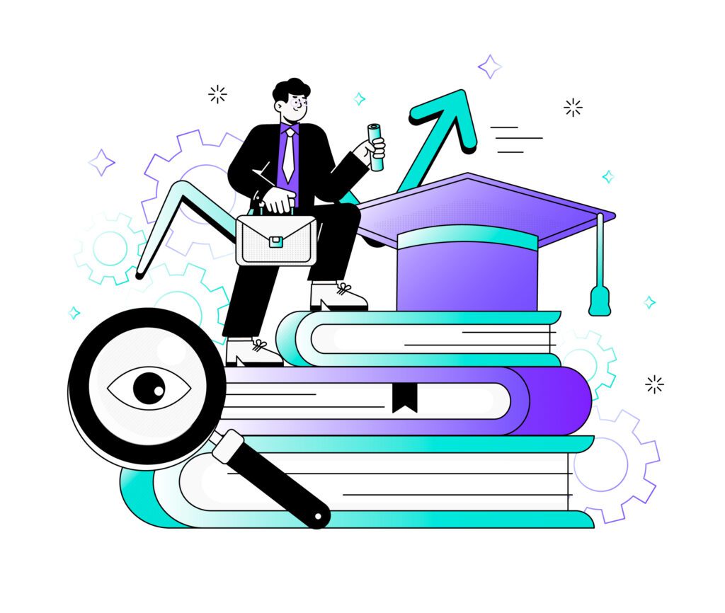 An image of Man holding a suitcase above the books and graduation cap showing his ambition of studying. image represent the educational consultant..